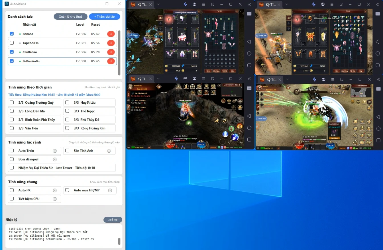 Giao diện AutoAtlans quản lý nhiều cửa sổ game Kỳ Tích Atlans đang hoạt động trên máy tính