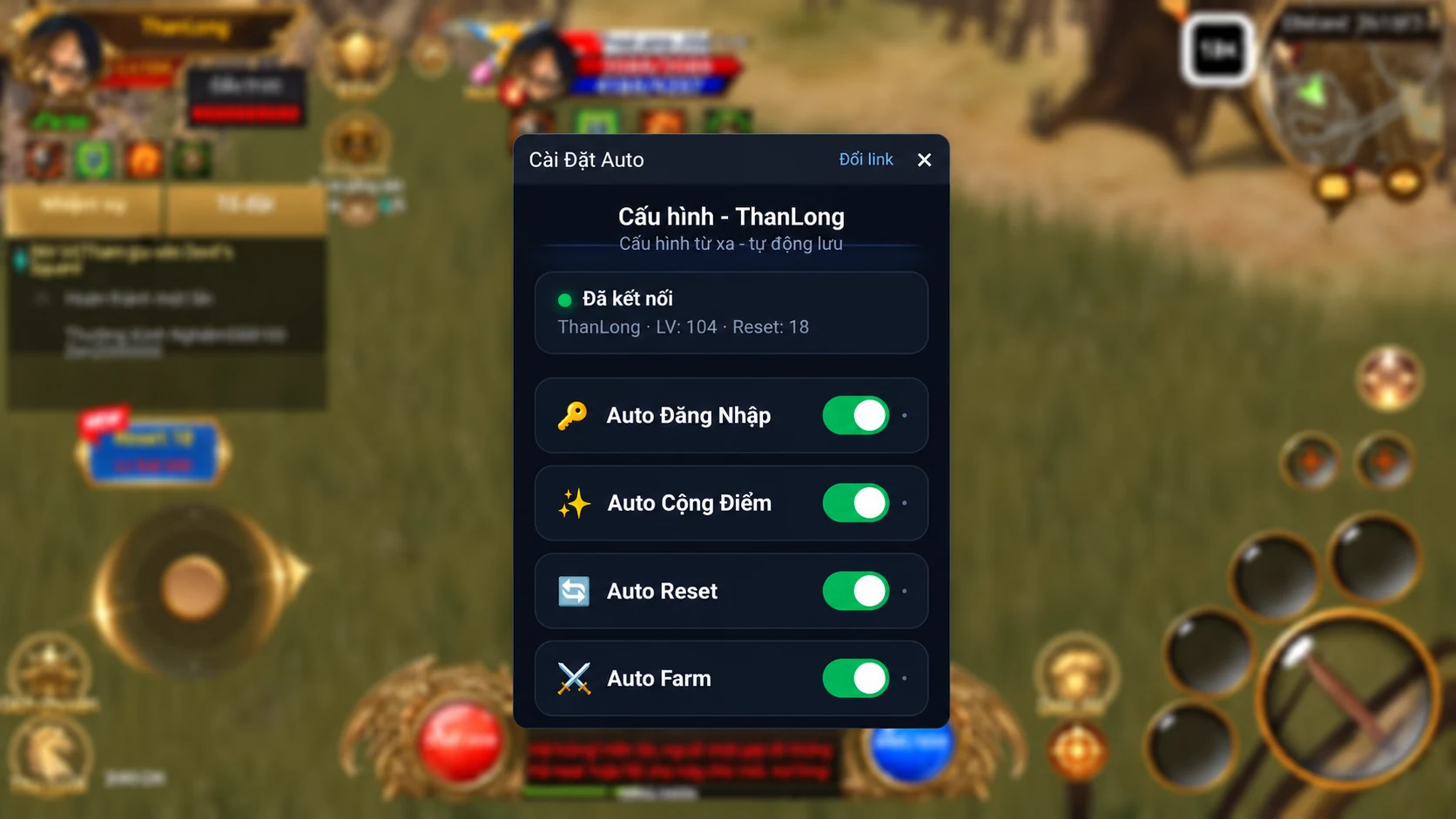 Cửa sổ cài đặt Auto Kundun trên màn hình game, hiển thị trạng thái nhân vật ThanLong và các tùy chọn Auto Đăng Nhập, Auto Cộng Điểm, Auto Reset, Auto Farm.