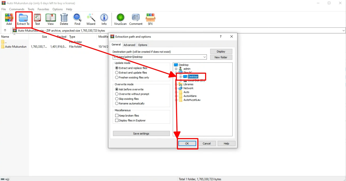 WinRAR mở bộ Auto Mukundun, đánh dấu Extract To, thư mục Desktop và nút OK để giải nén