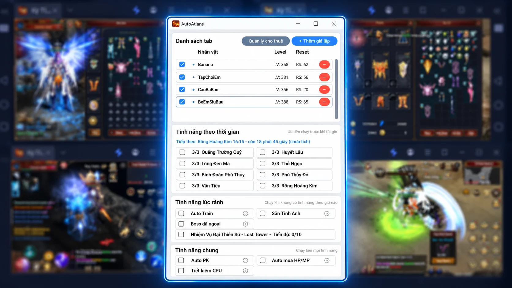 Giao diện AutoAtlans nổi bật ở trung tâm, theo dõi bốn tab game Kỳ Tích Atlans đang hoạt động