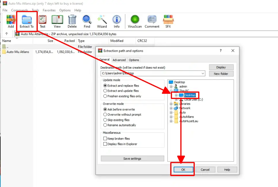 Chọn Extract To trong WinRAR và thư mục Desktop để giải nén Auto Kỳ Tích Atlans