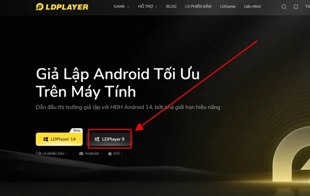 Nút tải LDPlayer 9 trên trang LDPlayer được đánh dấu bằng khung đỏ và mũi tên