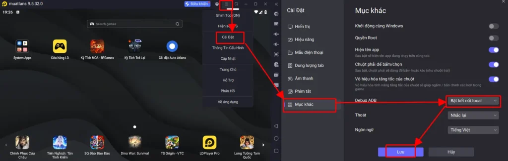 Cài đặt LDPlayer, Mục khác, Debug ADB, Bật kết nối local và nút Lưu được đánh dấu