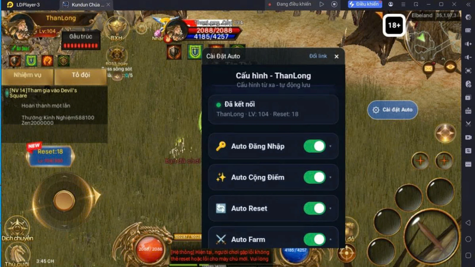Cửa sổ cài đặt Auto Kundun trong game, hiển thị trạng thái nhân vật và các tùy chọn tự động.