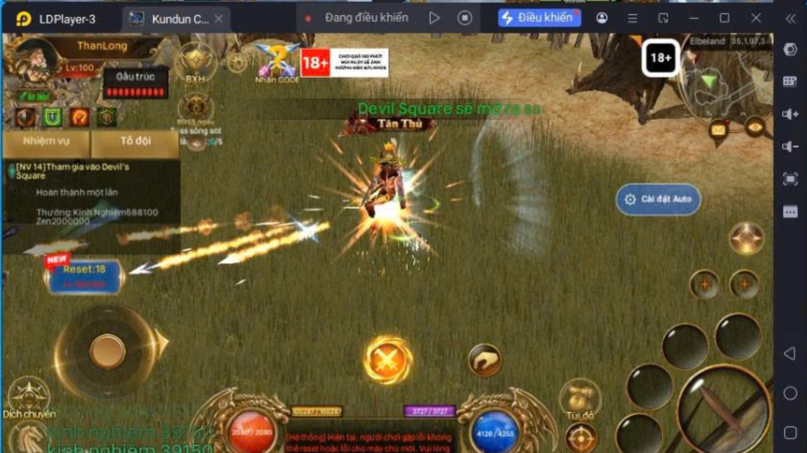 Giao diện game Kundun Chúa Tể Bóng Tối đang chạy cùng bảng điều khiển Auto Kundun.