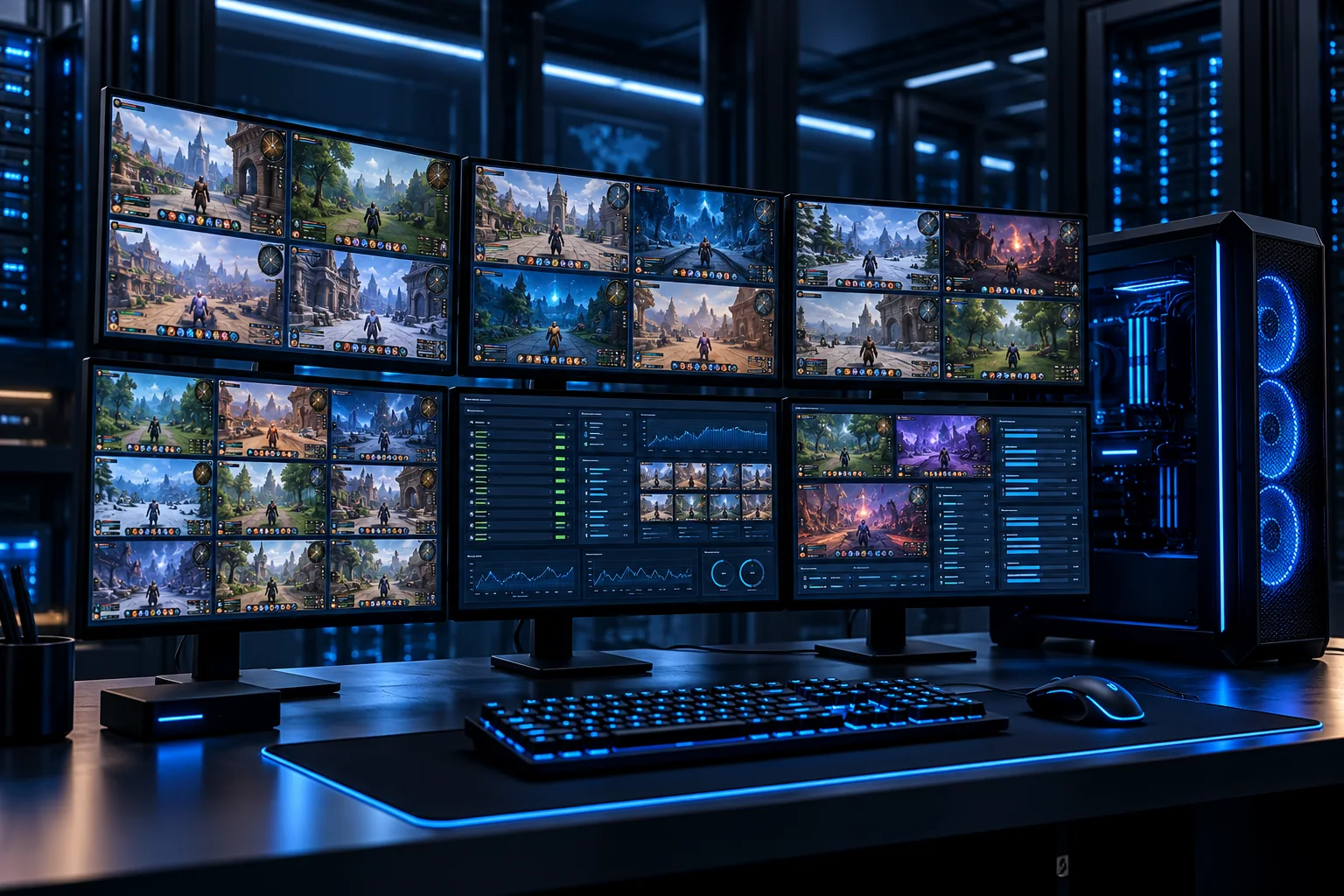 Máy tính MMO cấu hình cao vận hành nhiều phiên game trên hệ thống nhiều màn hình