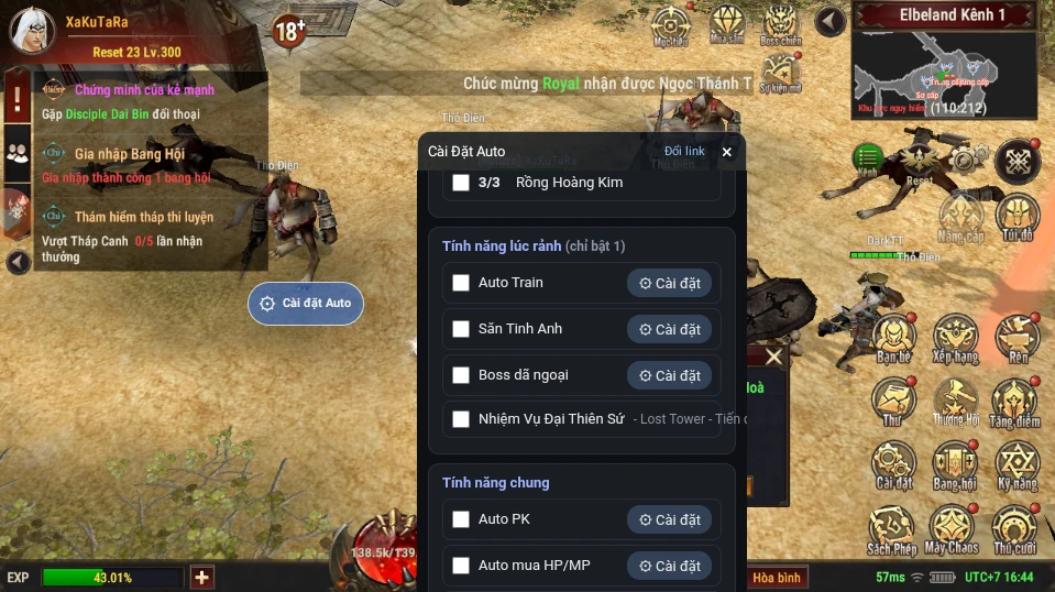 Cửa sổ AutoAtlans hiển thị nhiệm vụ theo giờ, hoạt động lúc rảnh và tùy chọn Auto PK trong game Kỳ Tích Atlans